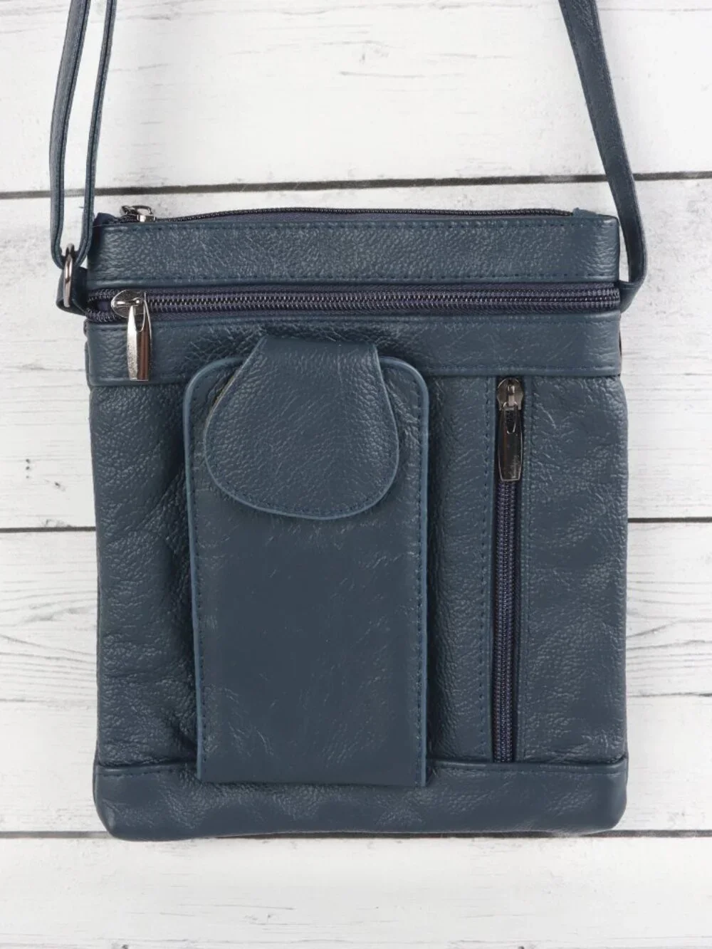 SteelTime Blue Genuine Leather Multi-Pocket Crossbody Bag